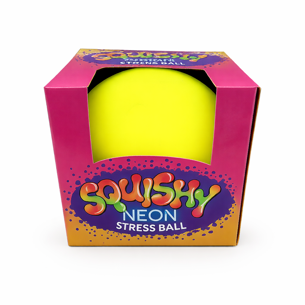 Neon yellow super squishy stress ball in packaging, large tactile fidget toy for sensory play