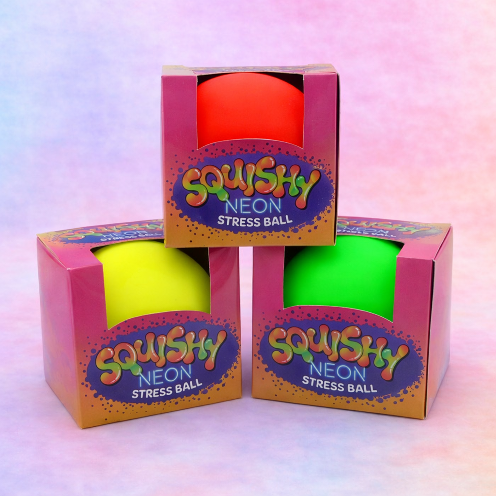 Neon super squishy stress balls in orange, green and yellow, large 90mm sensory fidget toys