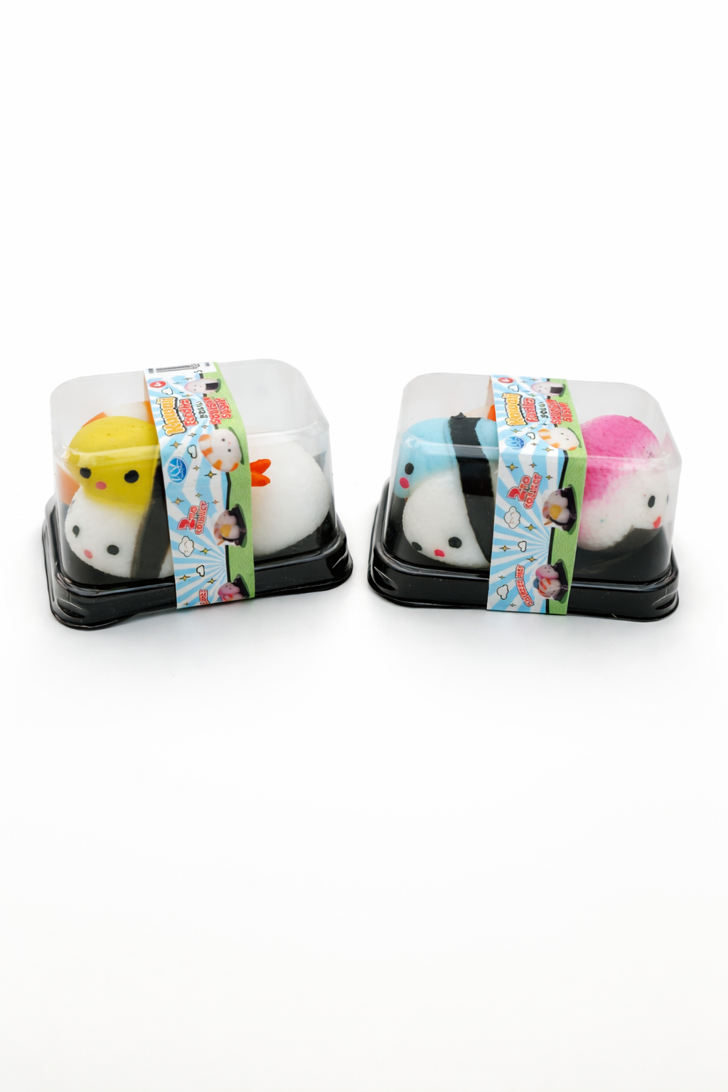 Squishy sushi sensory toy sets in plastic display boxes showing two collectible options
