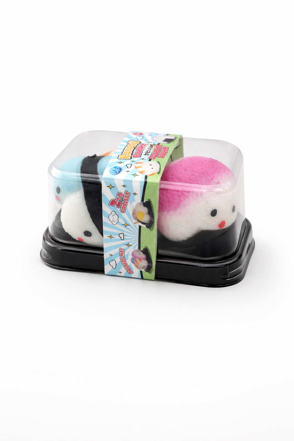 Close-up of squishy sushi sensory toy set in plastic container with three characters