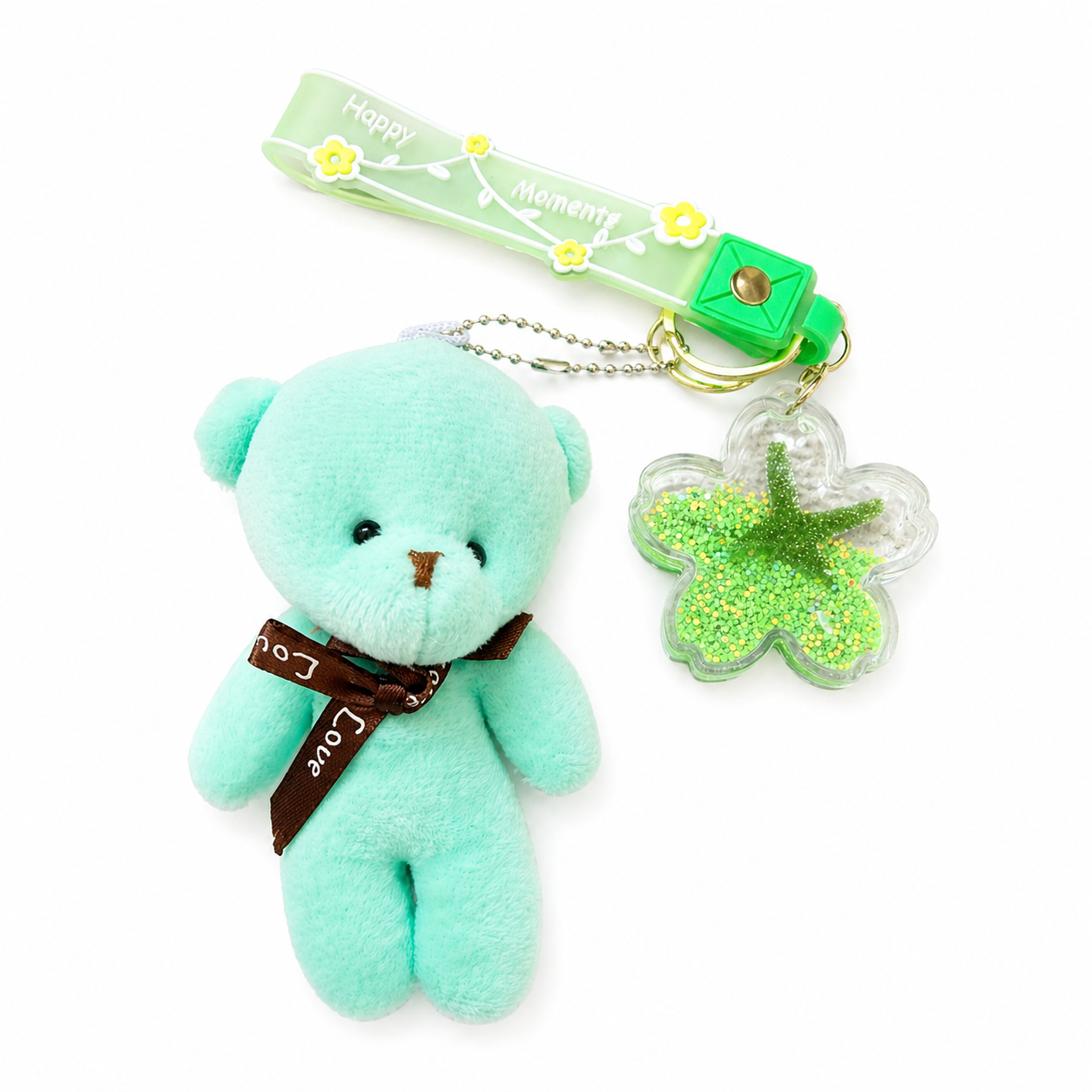 Colourful teddy bear fidget keyrings with liquid glitter and mini charms for sensory play and calming