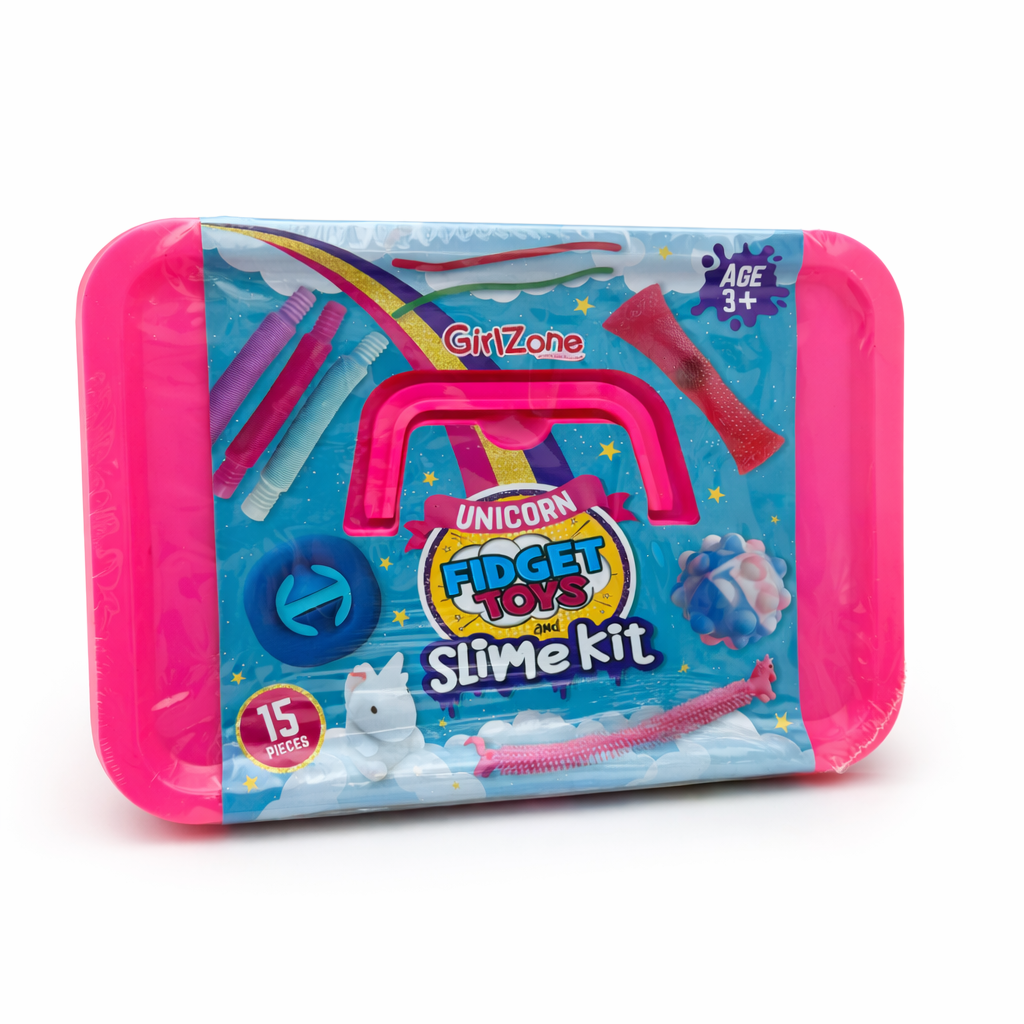 Unicorn sensory fidget and slime kit in hard pink carry case, 15 piece activity set for travel and calm play