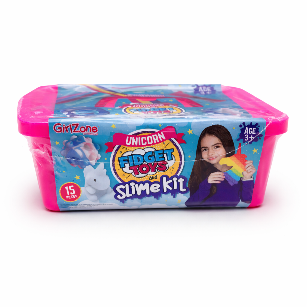 Unicorn fidget toys and slime kit with 15 pieces, sensory activity set including poppers and slime in carry case