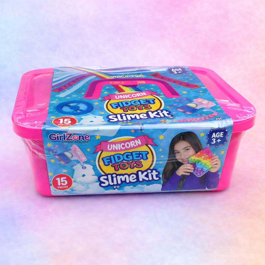 Unicorn fidget toys and slime kit in pink carry case, 15 piece sensory set for children with fidget toys and slime