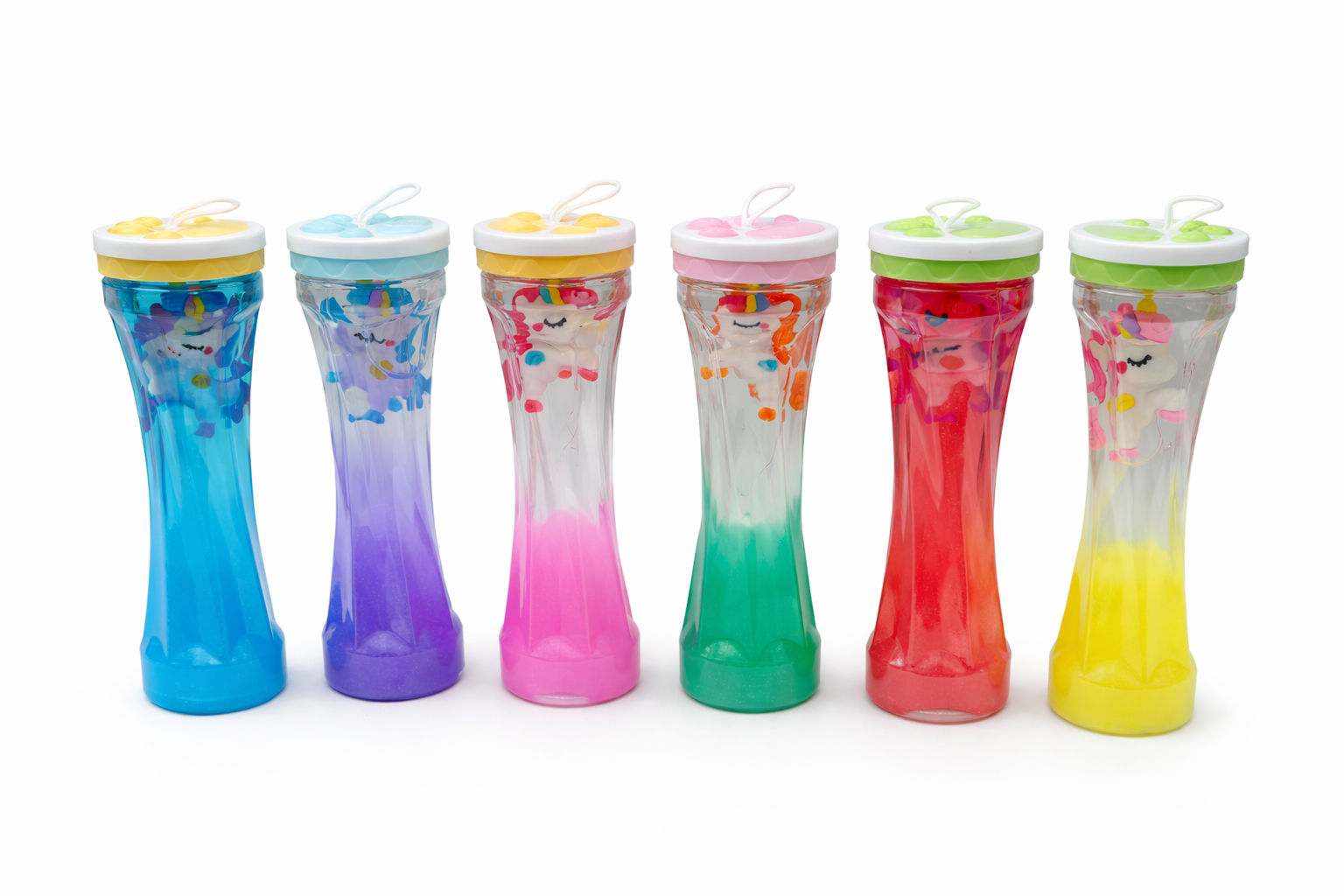 Unicorn crystal mud slime collection in blue, purple, pink, green, red and yellow, sensory slime for tactile play