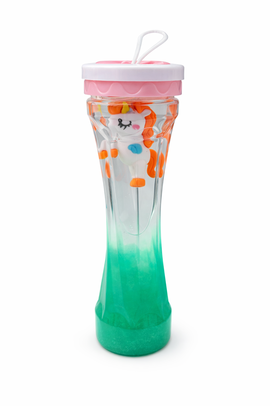 Green unicorn crystal mud slime in tall container with floating unicorn, sensory slime for calming play