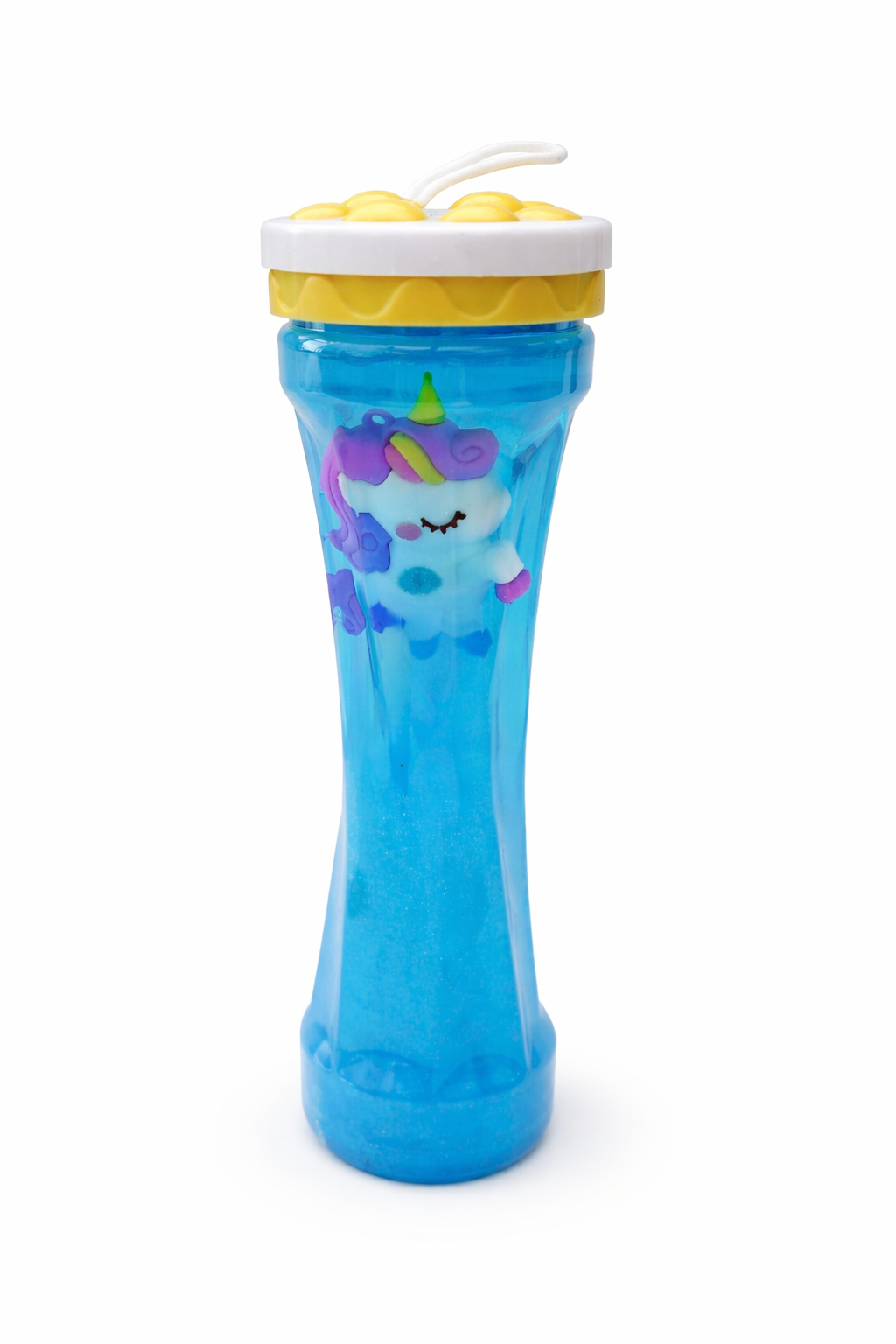 Light blue unicorn crystal mud slime with floating unicorn figure, stretchy sensory slime for fidgeting