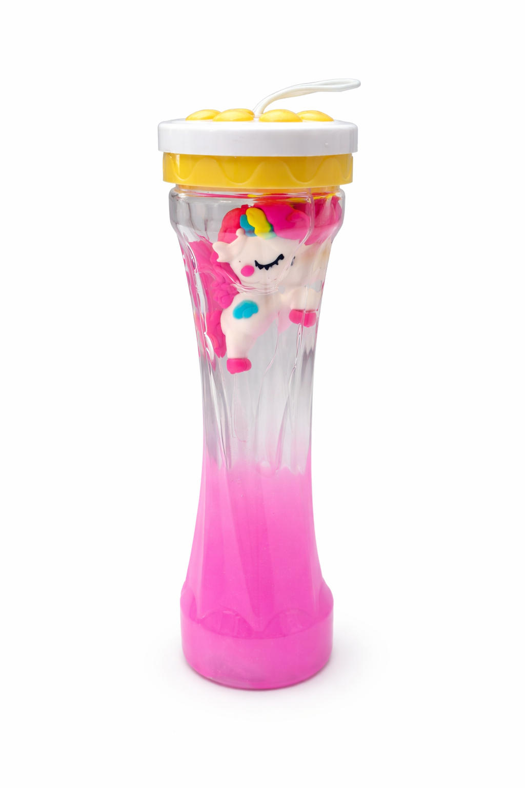 Pink unicorn crystal mud slime in tall container with glitter and floating unicorn, calming sensory toy