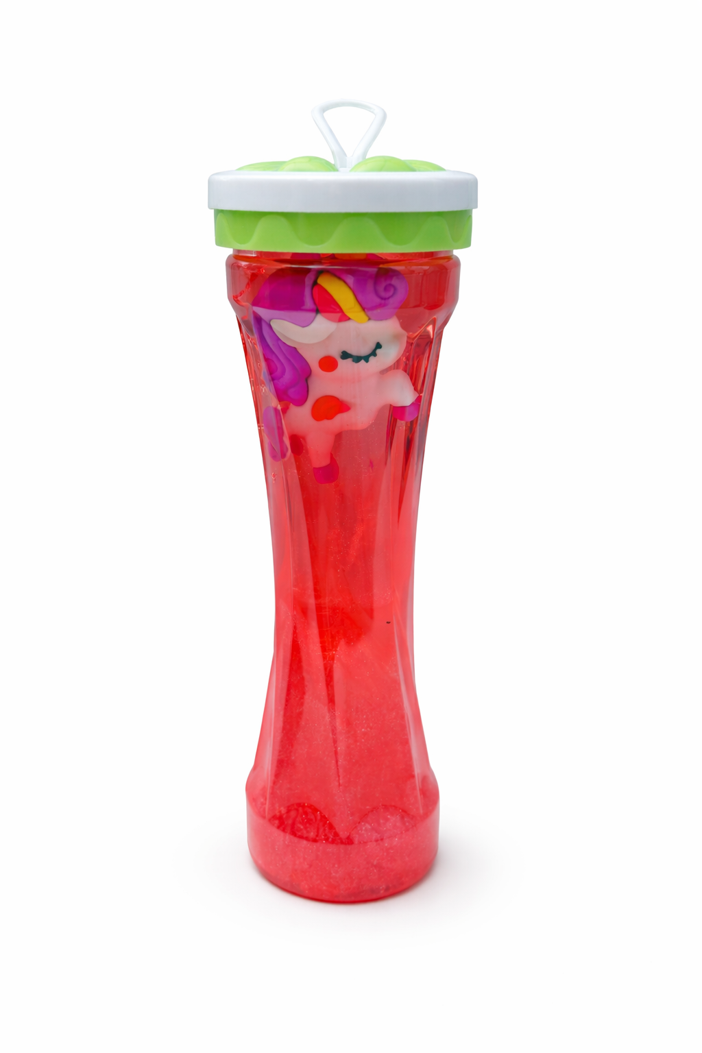 Red unicorn crystal mud slime in clear container with unicorn figure, bright sensory slime for fidgeting
