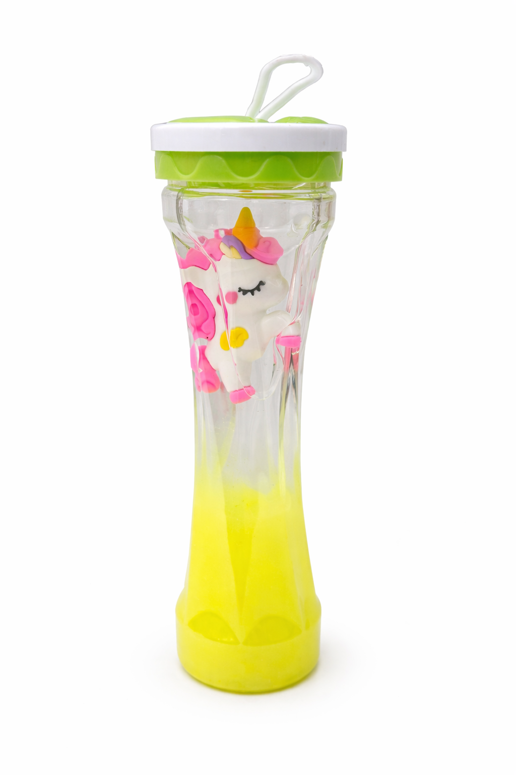 Yellow unicorn crystal mud slime with floating unicorn inside, stretchy sensory slime for calming play